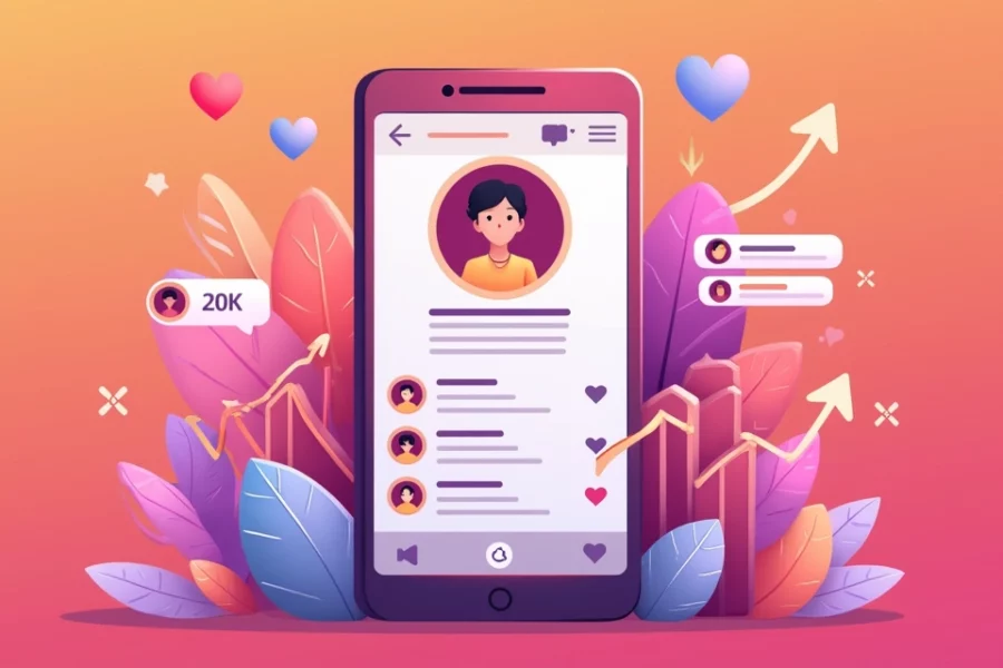 Ilustração colorida de um perfil no Instagram com o número 20k destacados e gráficos de crescimento e engajamento ao redor