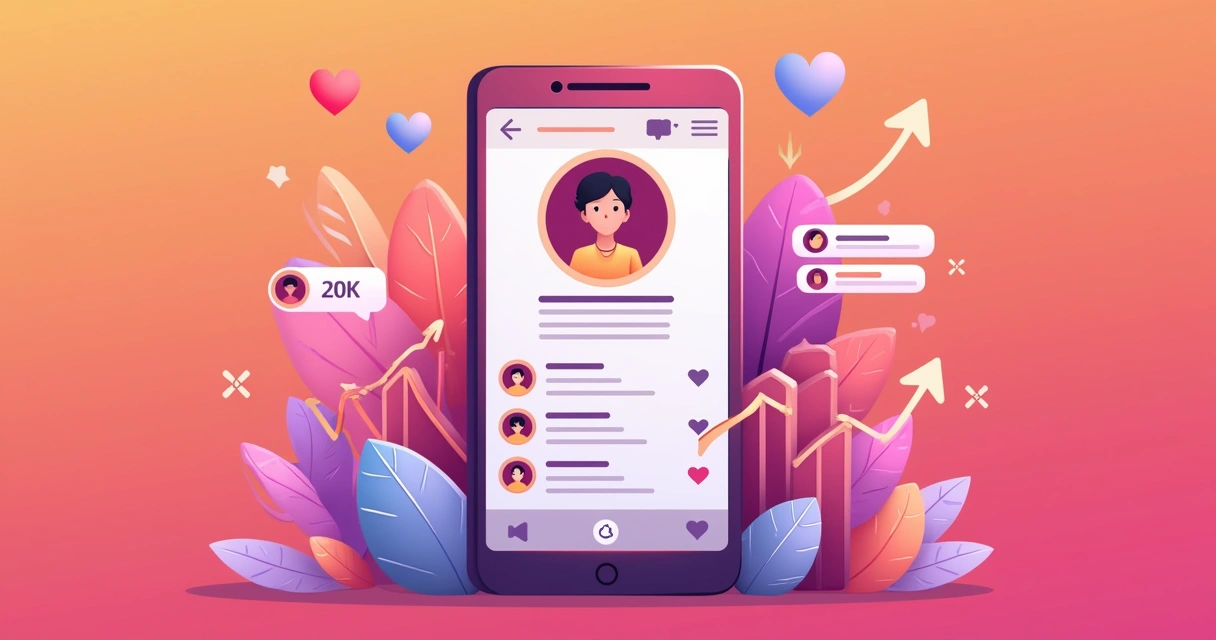 Ilustração colorida de um perfil no Instagram com o número 20k destacados e gráficos de crescimento e engajamento ao redor