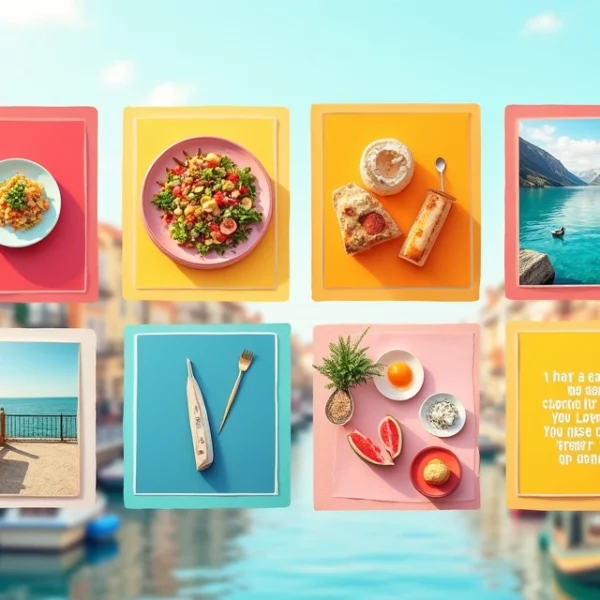 Cenas de ideias criativas para posts no Instagram, incluindo comida, moda e paisagens.