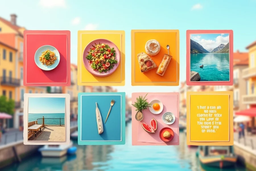 Cenas de ideias criativas para posts no Instagram, incluindo comida, moda e paisagens.