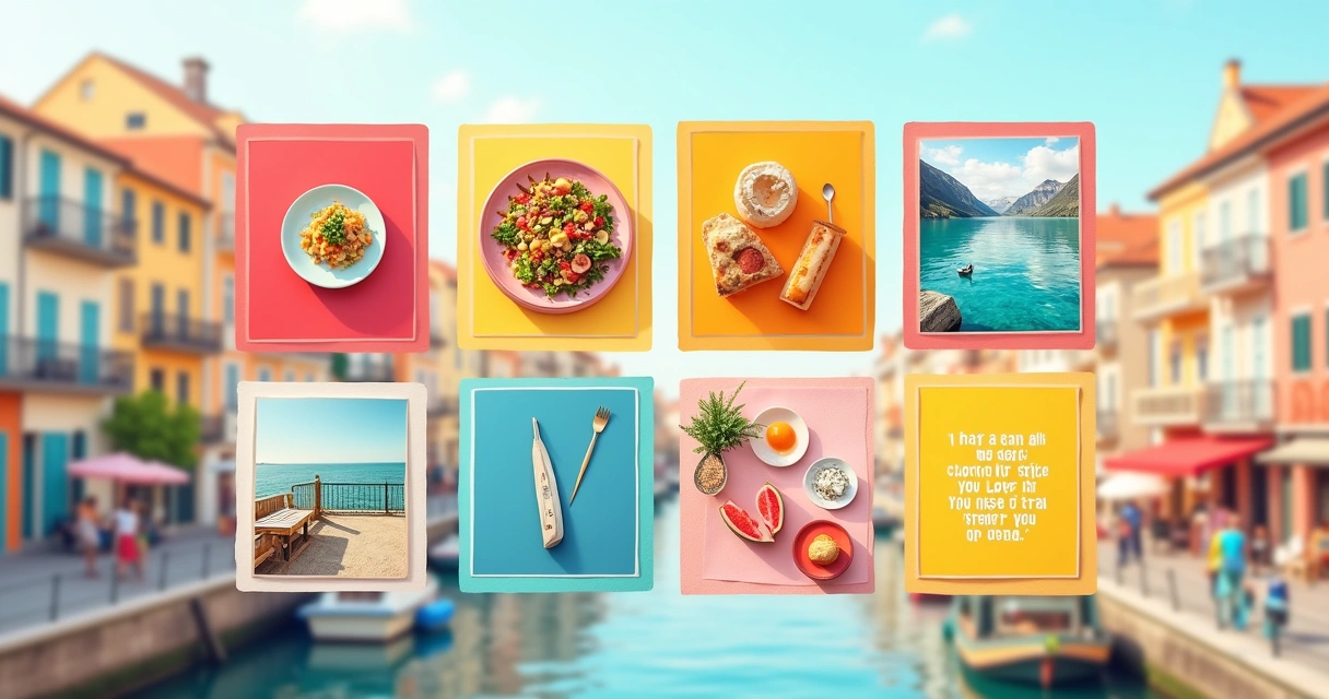 Cenas de ideias criativas para posts no Instagram, incluindo comida, moda e paisagens.