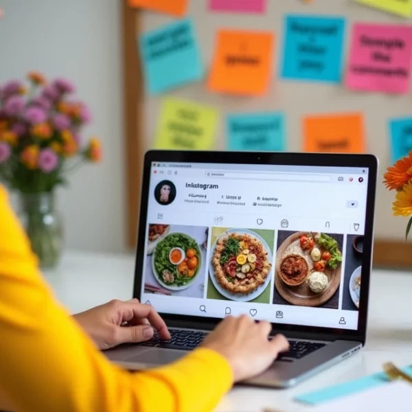 Pessoa animada gerenciando redes sociais em um escritório colorido, mostrando notificações do Instagram.