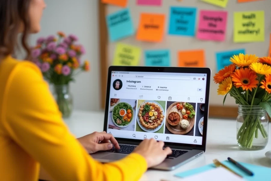 Pessoa animada gerenciando redes sociais em um escritório colorido, mostrando notificações do Instagram.