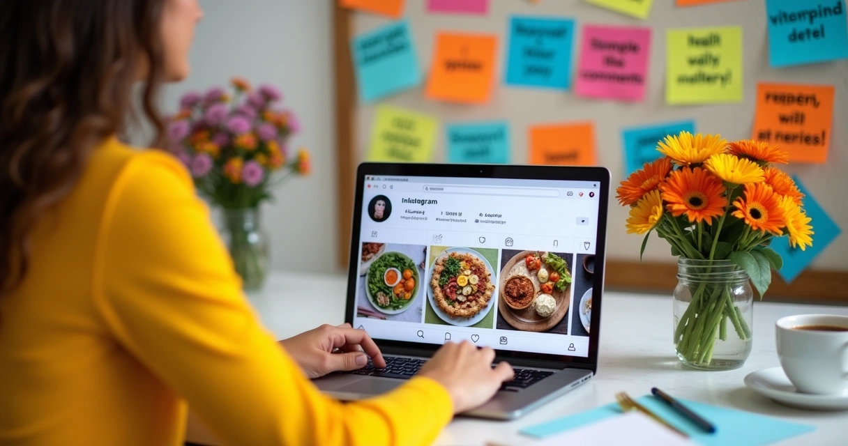 Pessoa animada gerenciando redes sociais em um escritório colorido, mostrando notificações do Instagram.